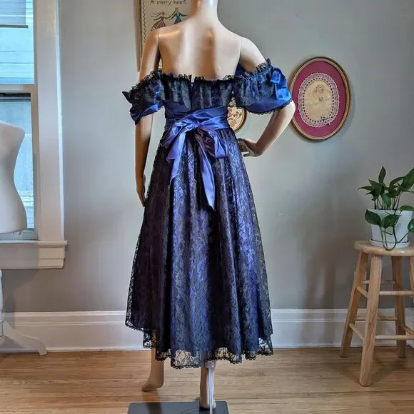 Vintage 80s Gunne Sax Ball Gown Southern Belle Maxi Dress Blue Satin Lace Size 5 - Picture 3 of 14